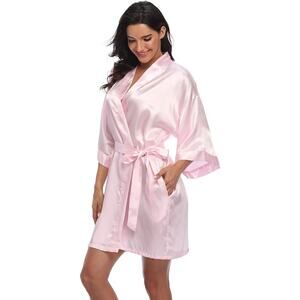 Women’s Pink Satin Robe Kimono Short Bridesmaid Bride Sleepwear Size L